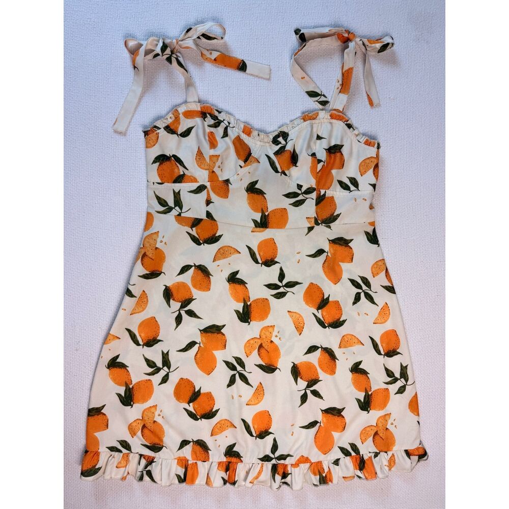 Cider Orange Print Tie Shoulder Mini Dress XL Ruffle Hem Cottagecore